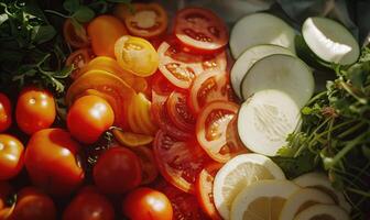 ai generado rebanado Tomates, pepinos y cebollas en un lámina. foto