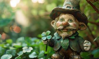 AI generated Saint Patricks Day background. Saint Patricks Day background with green clover leaves and old gnome. photo