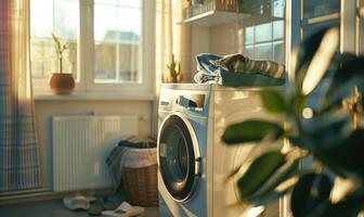 AI generated Laundry room interior with washing machine and clothes. photo