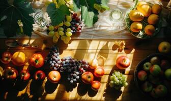 ai generado Fresco frutas y vegetales en el de madera mesa. parte superior ver con Copiar espacio foto