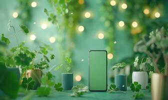 ai generado teléfono inteligente con verde pantalla Bosquejo en verde mesa con tréboles y bokeh foto