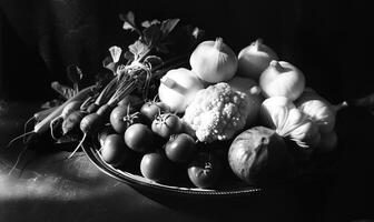 AI generated Still life with vegetables on a black background. Black and white photo. photo