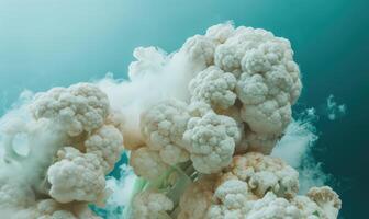 AI generated Cauliflower on a wooden table with smoke in the background. photo