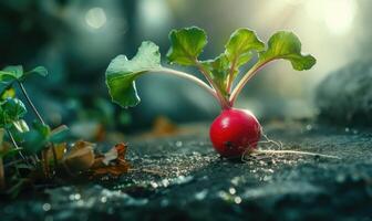 AI generated red radish growing in the garden with green leaves on the ground photo