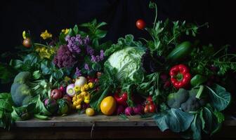 AI generated still life Vegetables, Herbs and Fruit as ingredients in cooking. photo