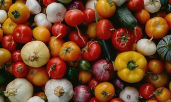 AI generated background of fresh tomatoes and onions, top view, close-up photo