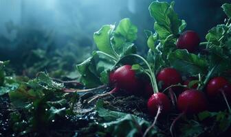 AI generated Red radish growing in the garden. Selective focus. photo