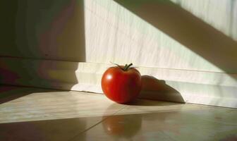 AI generated Tomato on the floor in the sunlight. The shadow from the window. photo