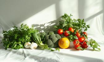 ai generado todavía vida con Fresco vegetales y hierbas en un blanco cama. selectivo enfocar. foto