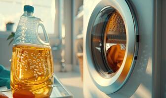 AI generated Laundry room interior with washing machine and detergent in sunny day photo