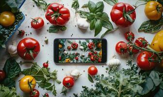 AI generated smartphone with a photo of vegetables on a white background, top view