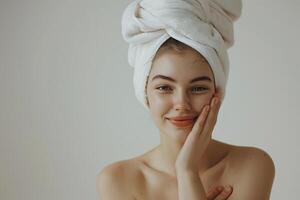 AI generated Serene Spa Day Young Woman with Towel-Wrapped Hair and Radiant Skin photo