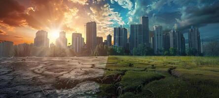 AI generated Climate Change Duality Lush Grass and Cracked Earth in City's Dawn photo