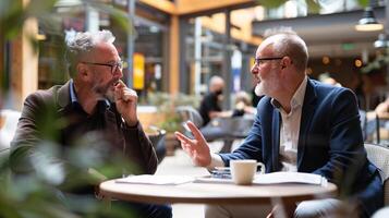 ai generado empresarios que se discute terminado café en un animado café foto