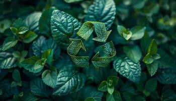 AI generated Recycle Symbol Amidst Lush Green Leaves photo