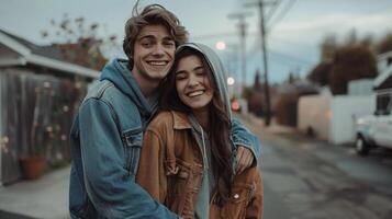 ai generado cariñoso Pareja abrazando en acogedor otoño atuendo foto