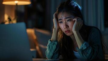 AI generated Stressed Young Woman Facing Deadline on Laptop at Night photo