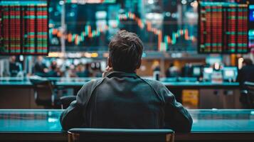 AI generated Businessman Watching Stock Market Monitors in Exchange Room photo