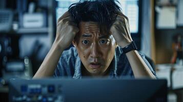 AI generated Tired Man Overwhelmed by Work at Computer Desk at Night photo