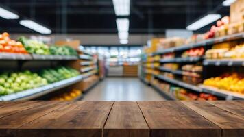 Empty wooden table with beautiful supermarket background, photorealistic photo