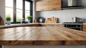 Beautiful wood table top and blur bokeh modern kitchen interior background in clean and bright, studio warm light photo