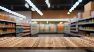 Empty wooden table with beautiful supermarket background, photorealistic photo