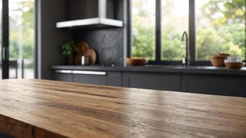 Beautiful wood table top and blur bokeh modern kitchen interior background in clean and bright, studio warm light photo