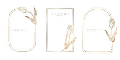 Set of frame templates in minimal linear style with hand drawn tulips. Elegant tulip border. Floral vector illustration for labels, corporate identity, wedding invitation, logo, save the date.