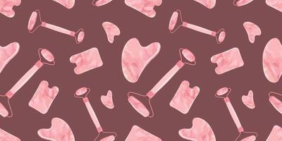 Seamless pattern with Gua Sha scraping Massage tool. Natural scraper and stone roller for anti-anging. Trendy skin care. Vector flat style for presentation, make-up, beauty, web, blog, social media.
