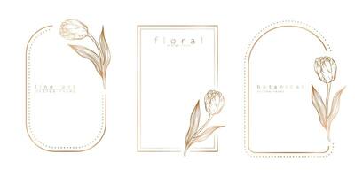 Set of frame templates in minimal linear style with hand drawn tulips. Elegant tulip border. Floral vector illustration for labels, corporate identity, wedding invitation, logo, save the date.