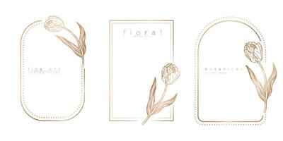 Set of frame templates in minimal linear style with hand drawn tulips. Elegant tulip border. Floral vector illustration for labels, corporate identity, wedding invitation, logo, save the date.