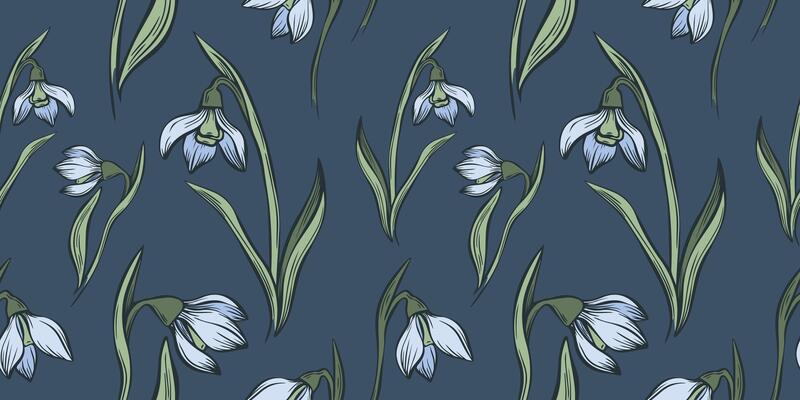 Botanical snowdrop flower seamless pattern. Hand drawn line art with winter leaves and flowers for wedding invitation and cards, textile products, wrapping paper, wallpaper and posters template.