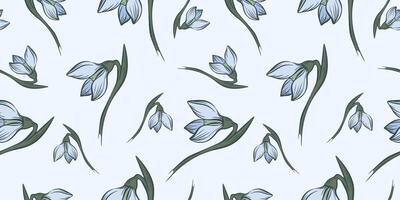 Botanical snowdrop flower seamless pattern. Hand drawn line art with winter leaves and flowers for wedding invitation and cards, textile products, wrapping paper, wallpaper and posters template. vector