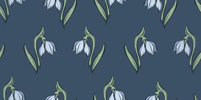 Botanical snowdrop flower seamless pattern. Hand drawn line art with winter leaves and flowers for wedding invitation and cards, textile products, wrapping paper, wallpaper and posters template. vector