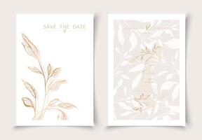 Set of cards minimal hand drawn branch elements in gold line art style. Botanical leaves frame template. Editable vector design card for advertising, cover, wedding invitation, poster or save the date