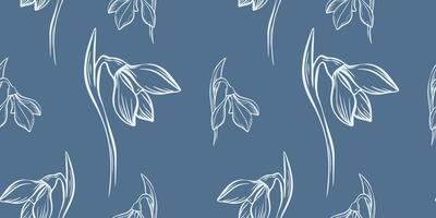 Botanical snowdrop flower seamless pattern. Hand drawn line art with winter leaves and flowers for wedding invitation and cards, textile products, wrapping paper, wallpaper and posters template. vector