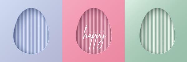 Set of pastel colored 3D egg shape frame design. Collection of geometric backdrop for easter product display, spring festival design, happy easter card, presentation, luxury banner, cover and web. vector