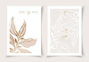 Set of cards minimal hand drawn branch elements in gold line art style. Botanical leaves frame template. Editable vector design card for advertising, cover, wedding invitation, poster or save the date