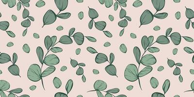 Botanical line seamless pattern of a eucalyptus leaves branch for wedding invitation and cards, textile products, web, wrapping paper and poster, template, beauty and cosmetic industry. vector