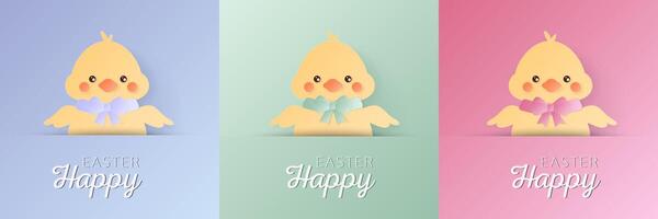 Set of pastel colored 3D chicken shape design. Collection of geometric backdrop for easter product, spring festival design, happy easter card, presentation, luxury banner, cover and web. vector