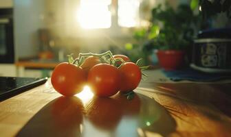 AI generated Tomatoes on the table in the kitchen. Selective focus. photo