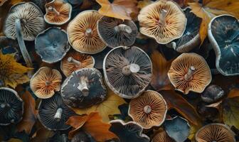 AI generated Mushrooms on the autumn leaves. Autumn background. Top view. photo