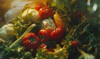 AI generated Tomatoes background. Top view of different varieties of tomatoes. Vegetables background. photo