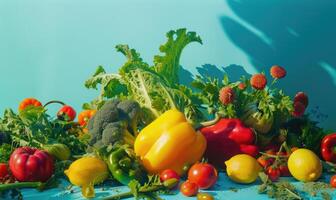 ai generado Fresco vegetales en el mesa en el cocina. sano comida concepto. foto