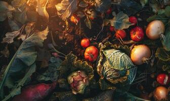 AI generated Harvest of fresh organic vegetables on the table. Selective focus. nature. Top view. photo