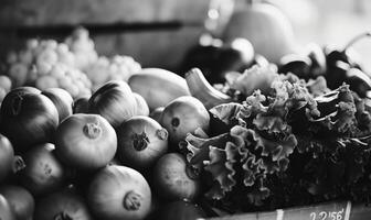 AI generated Black and white photo of fresh vegetables on the counter in the market