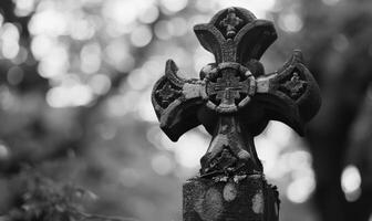 AI generated black and white image of a Celtic cross on a grave in a cemetery, copy space photo