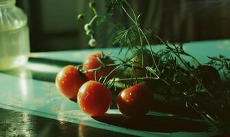 AI generated Tomatoes and herbs on a kitchen table. Selective focus. photo