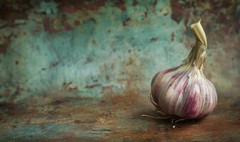 AI generated Garlic on a rustic background with copyspace for text photo