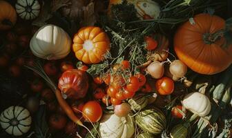 ai generado cosecha de Fresco orgánico vegetales en el mesa. selectivo enfocar. naturaleza. parte superior vista. foto